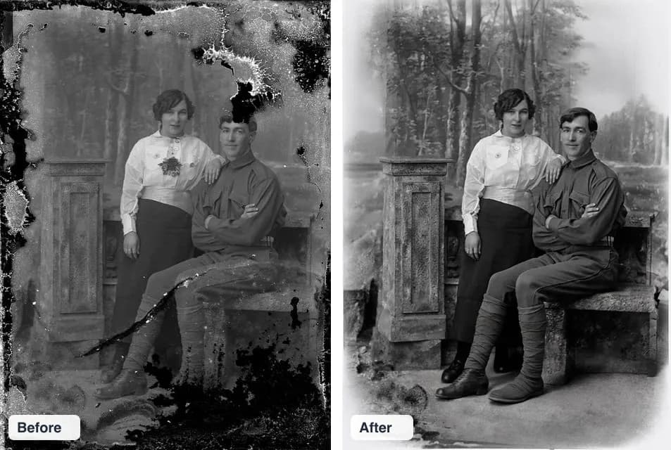 Badly damaged old photo before and after: torn edges, black spots and stains fixed by AI