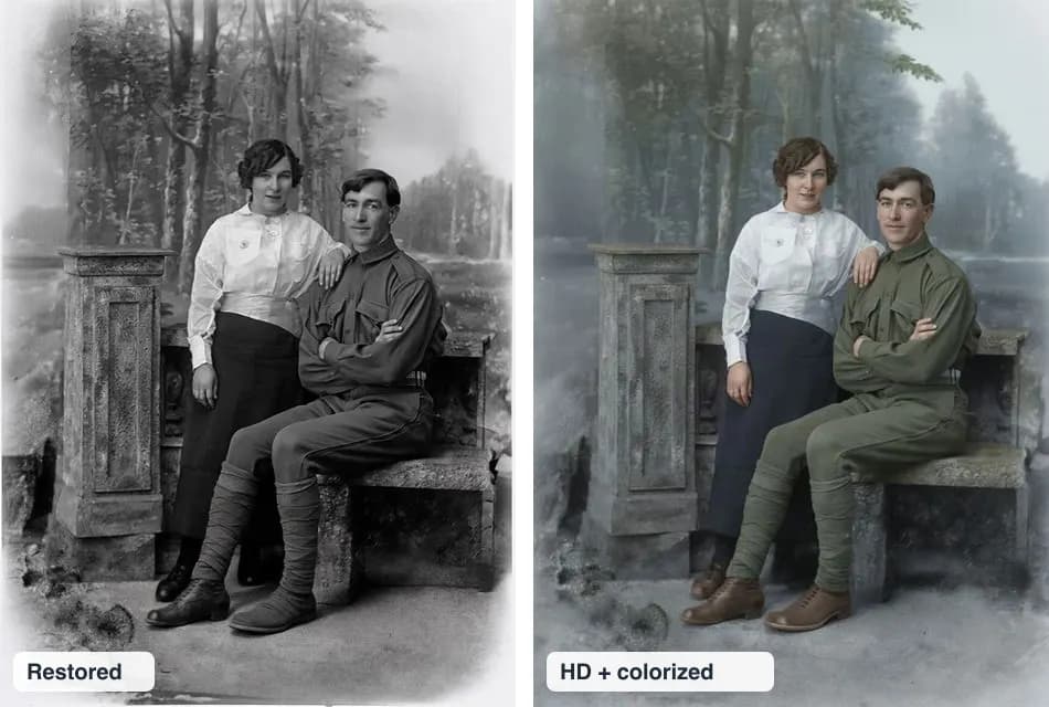 Restored black and white photo of a couple next to the colorized version with natural skin tones and a green uniform